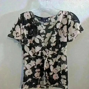 Chaps navy sheer floral button up top